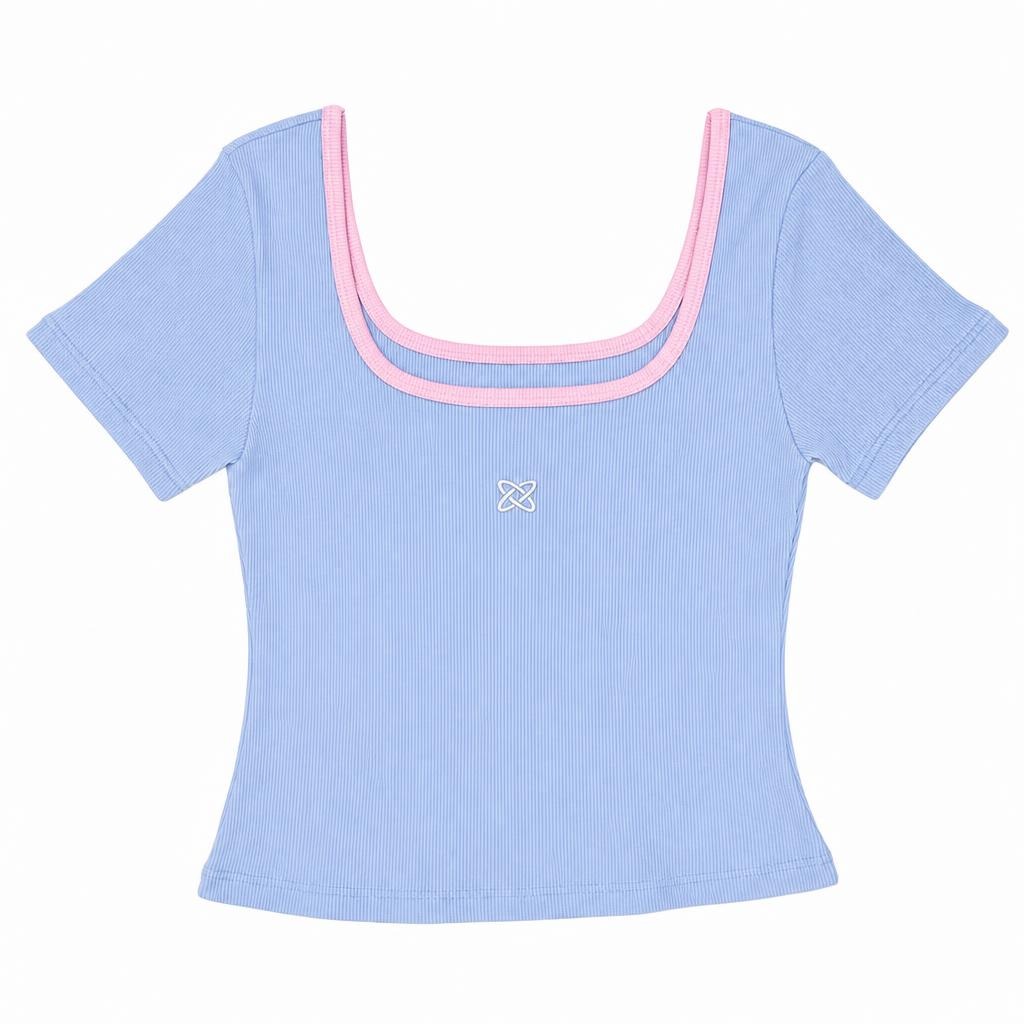 Blusa Cuello Cuadrado con Contraste - Azul bebé + Rosado