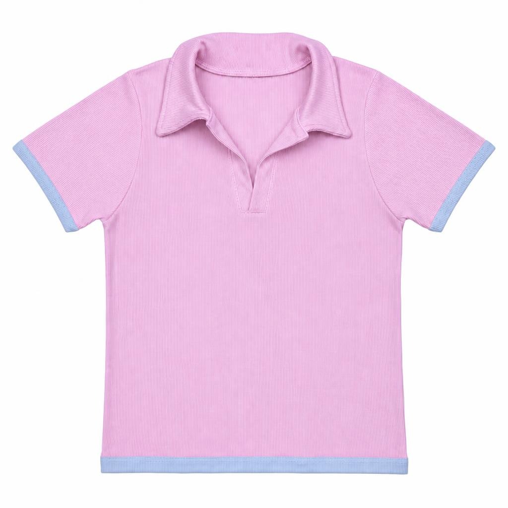 Blusa Polo Contraste - Rosado + Azul bebé