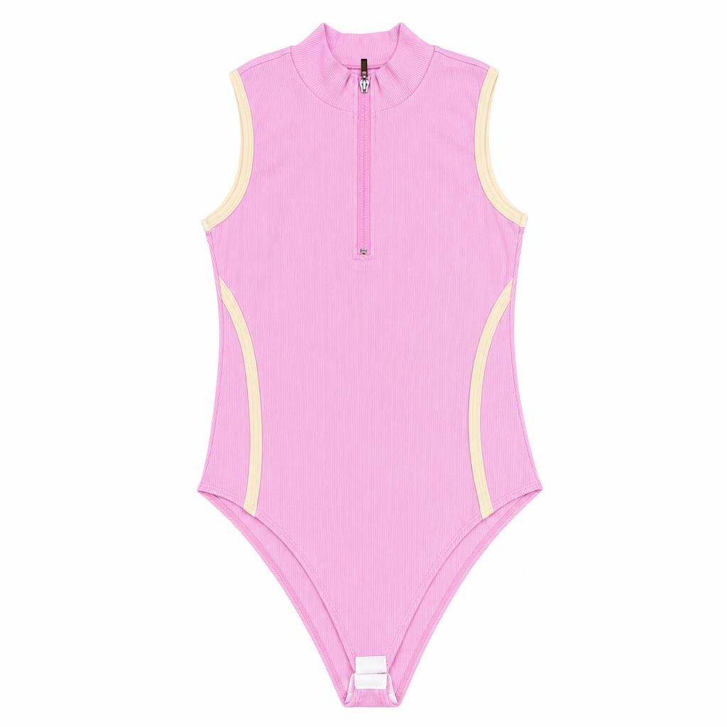 Body Cuello Alto Contraste con Cierre - Rosado + Amarillo
