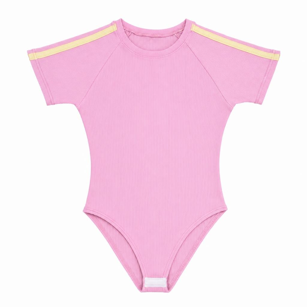 Body Manga Corta Lineas - Rosado + Amarillo